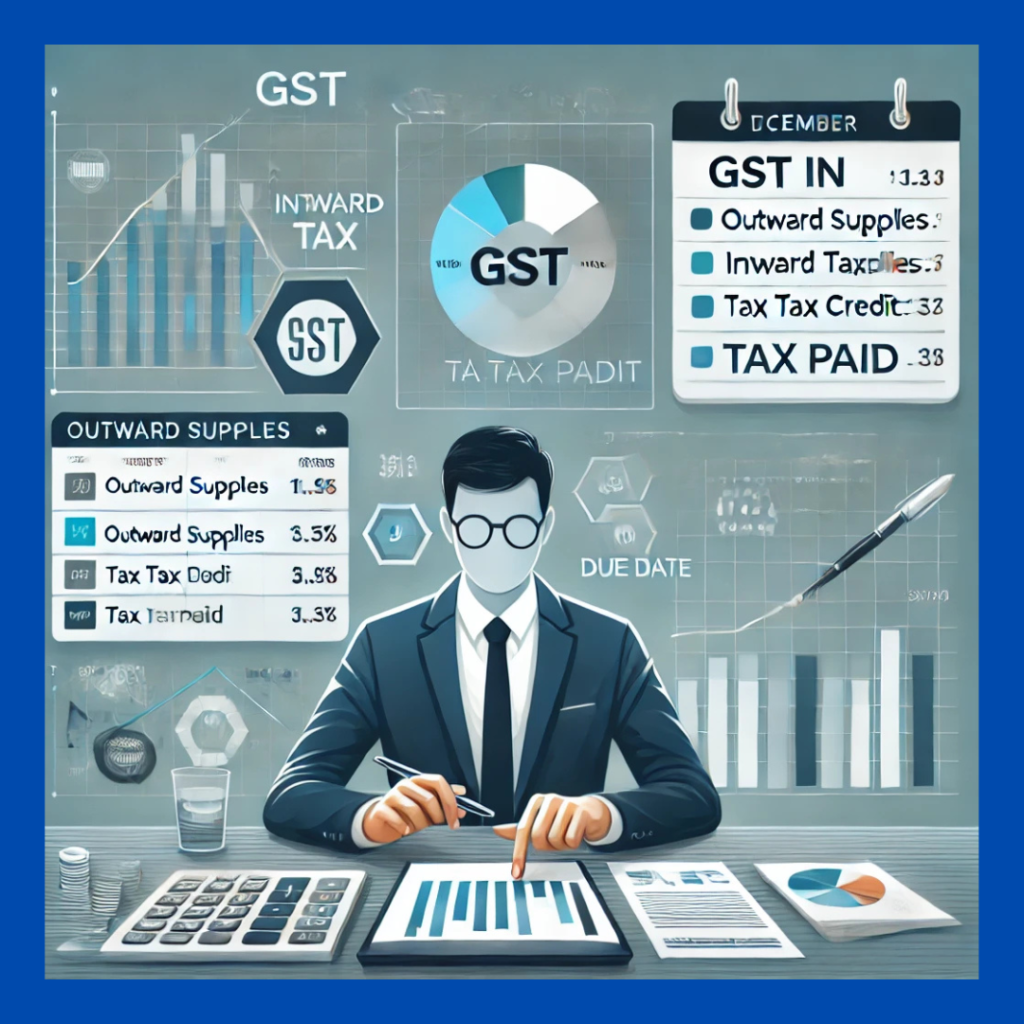 professional analyzing financial data on a laptop, featuring a dashboard with labels like 'GSTIN,' 'Outward Supplies,' 'Input Tax Credit,' and 'Tax Paid.' A calendar in the background highlights December 31st as a due date