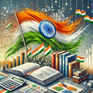 A vibrant Indian Republic Day image featuring the Indian flag waving in the background, with accounting ledgers, digital financial tools, and tricolor decorations in the foreground, symbolizing transparency, accountability, and unity.