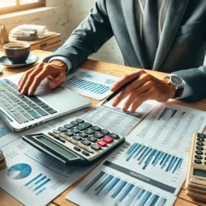 A professional accountant working on a laptop, analyzing financial reports and charts in a modern office. The desk includes a calculator, invoices, and a cup of coffee, reflecting efficiency and accuracy.