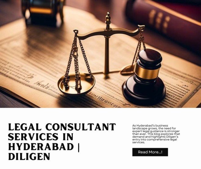 Legal consultant services in Hyderabad illustrated with a professional lawyer discussing documents, scales of justice, and Diligen branding.