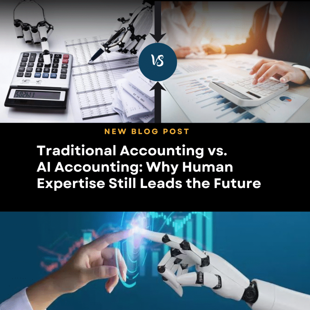 Comparison of traditional accounting and AI automation showing advantages of human expertise.